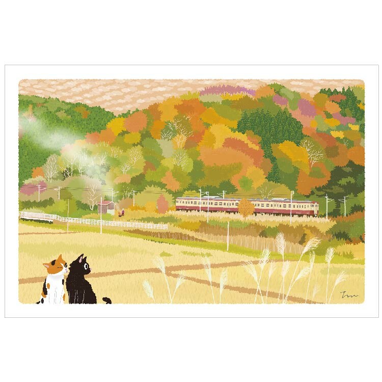 Autumn Tabineko Postcard - Japanese Cat Traveling Series Autumn Color Patchwork