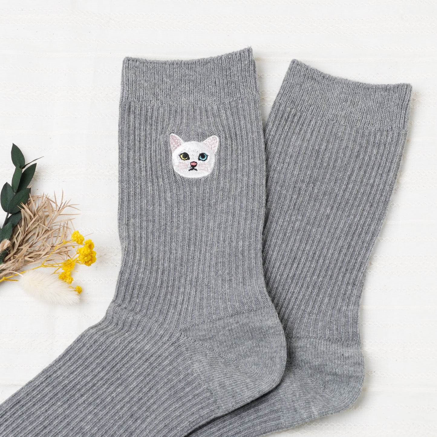 Cute Cat Socks L Gray – Shiro Neko Embroidery