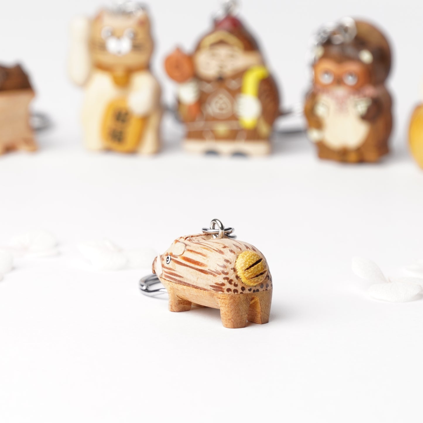 Handcrafted Wooden Wild Boar Piglet Key Ring – Japanese Lucky Charm for Health & Determination