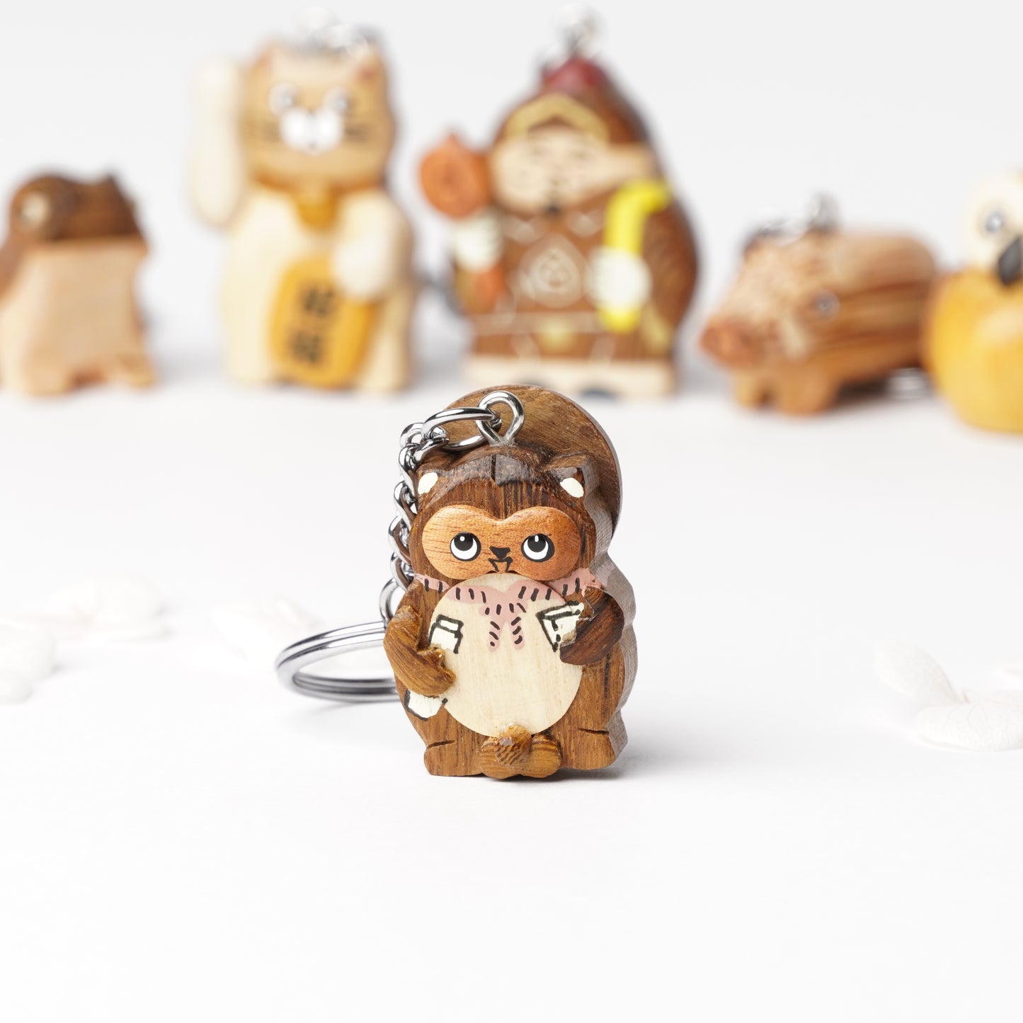 Handcrafted Wooden Tanuki Key Ring – Japanese Lucky Raccoon Dog Charm for Good Fortune & Fun