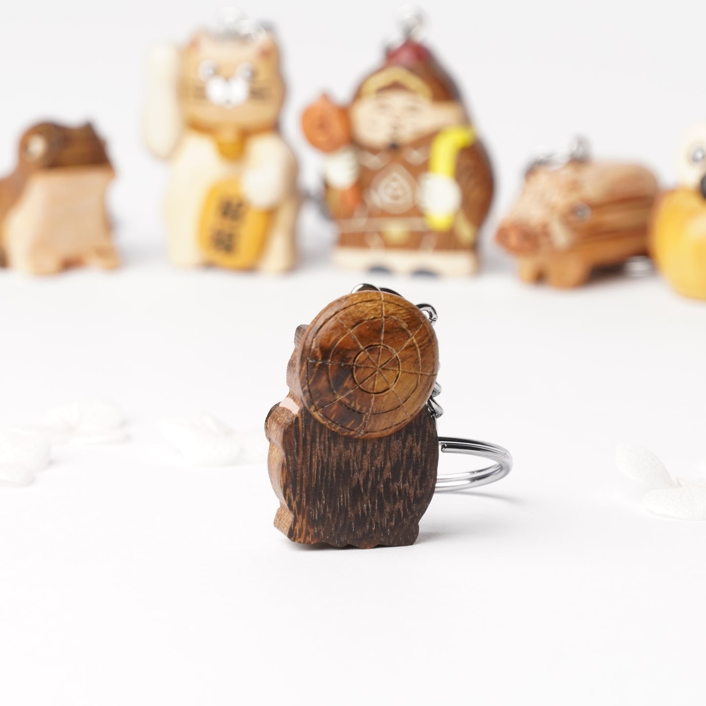 Handcrafted Wooden Tanuki Key Ring – Japanese Lucky Raccoon Dog Charm for Good Fortune & Fun