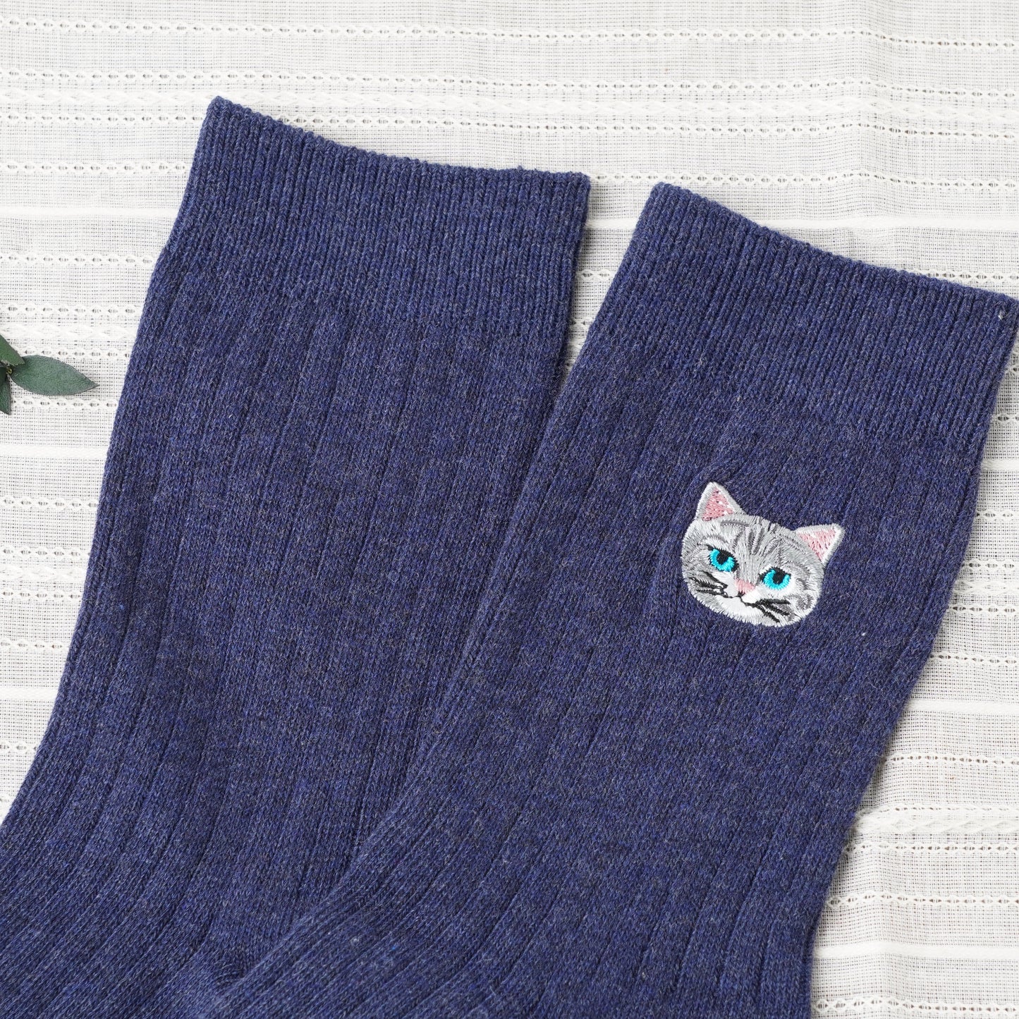 Cute Cat Socks L Navy – American Shorthair Embroidery