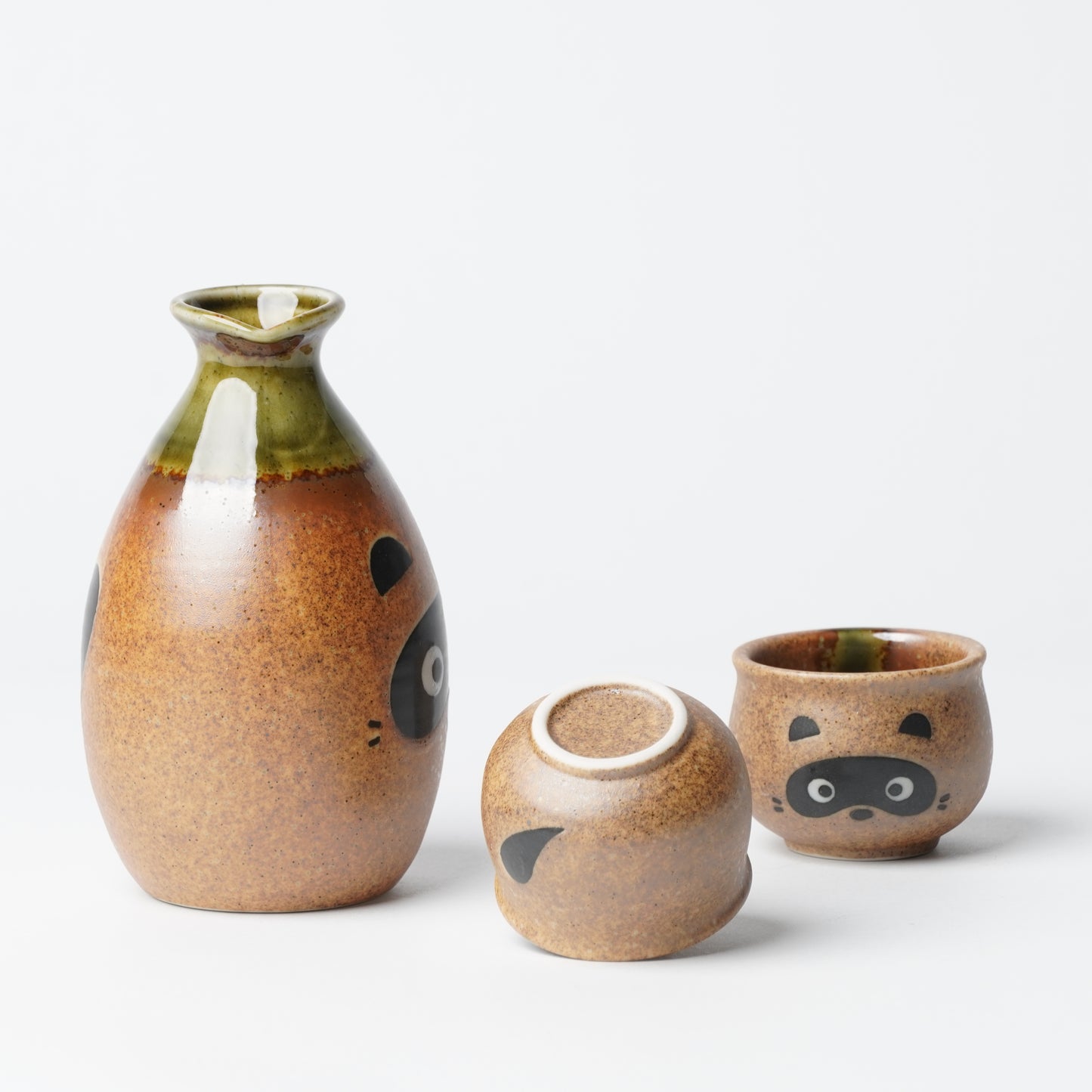 Tanuki Glaze Sake Set - Mino Ware Tokkuri and Cups