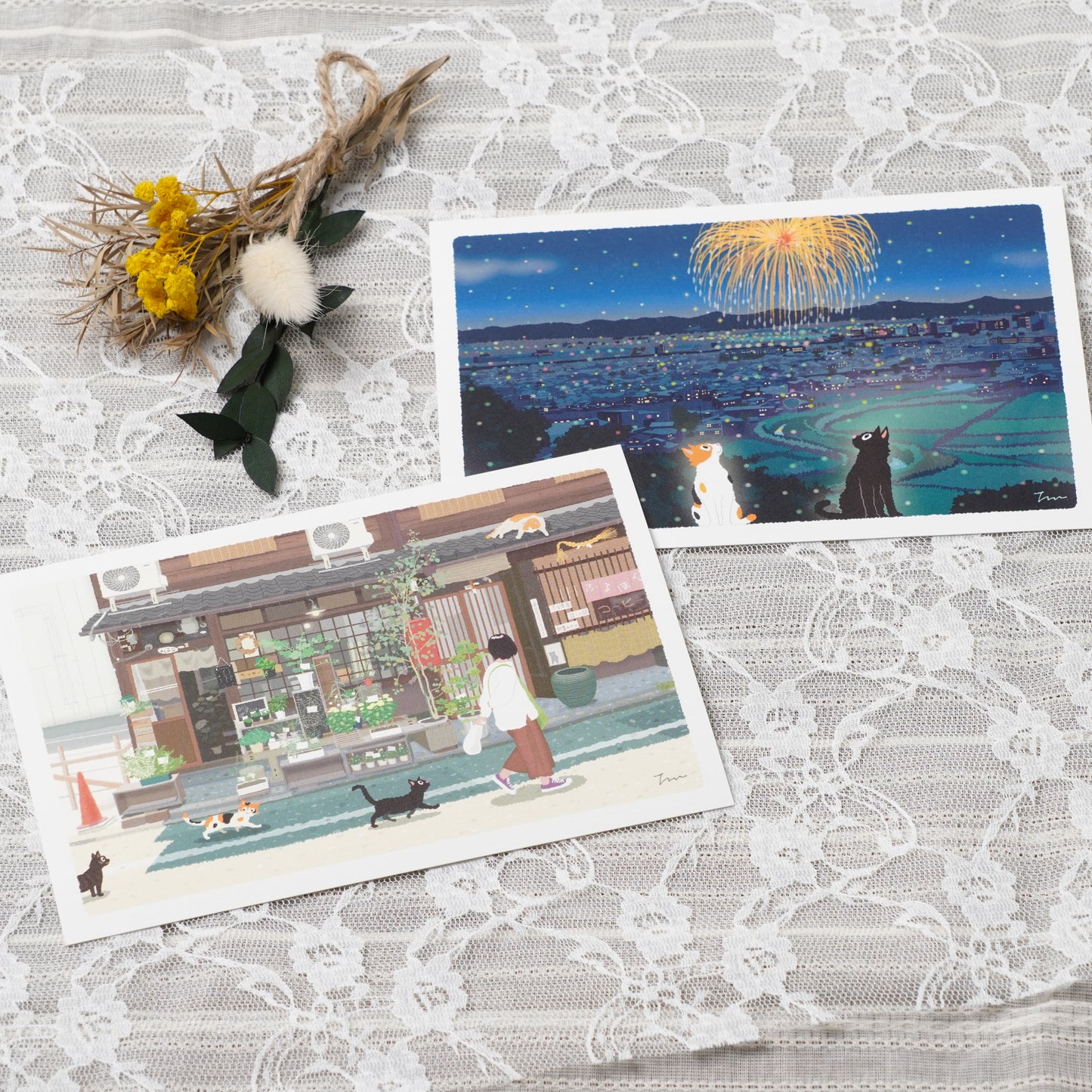 Summer Tabineko Postcard - Japanese Cat Traveling Series Fireworks