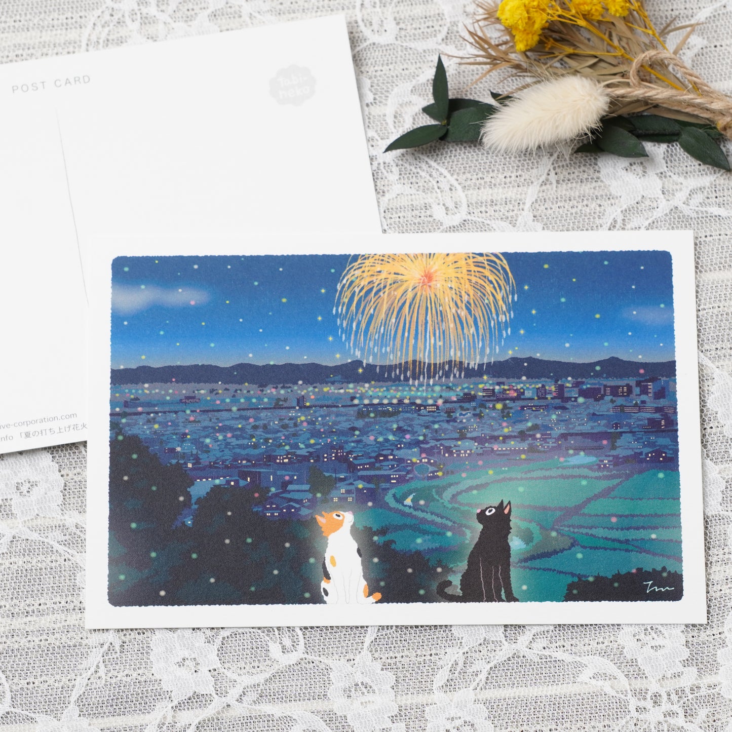 Summer Tabineko Postcard - Japanese Cat Traveling Series Fireworks