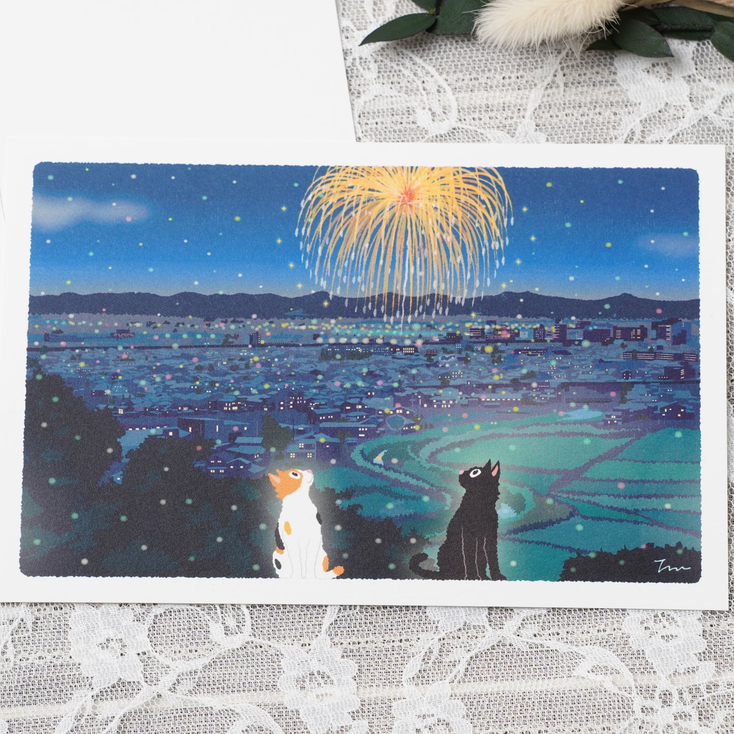 Summer Tabineko Postcard - Japanese Cat Traveling Series Fireworks