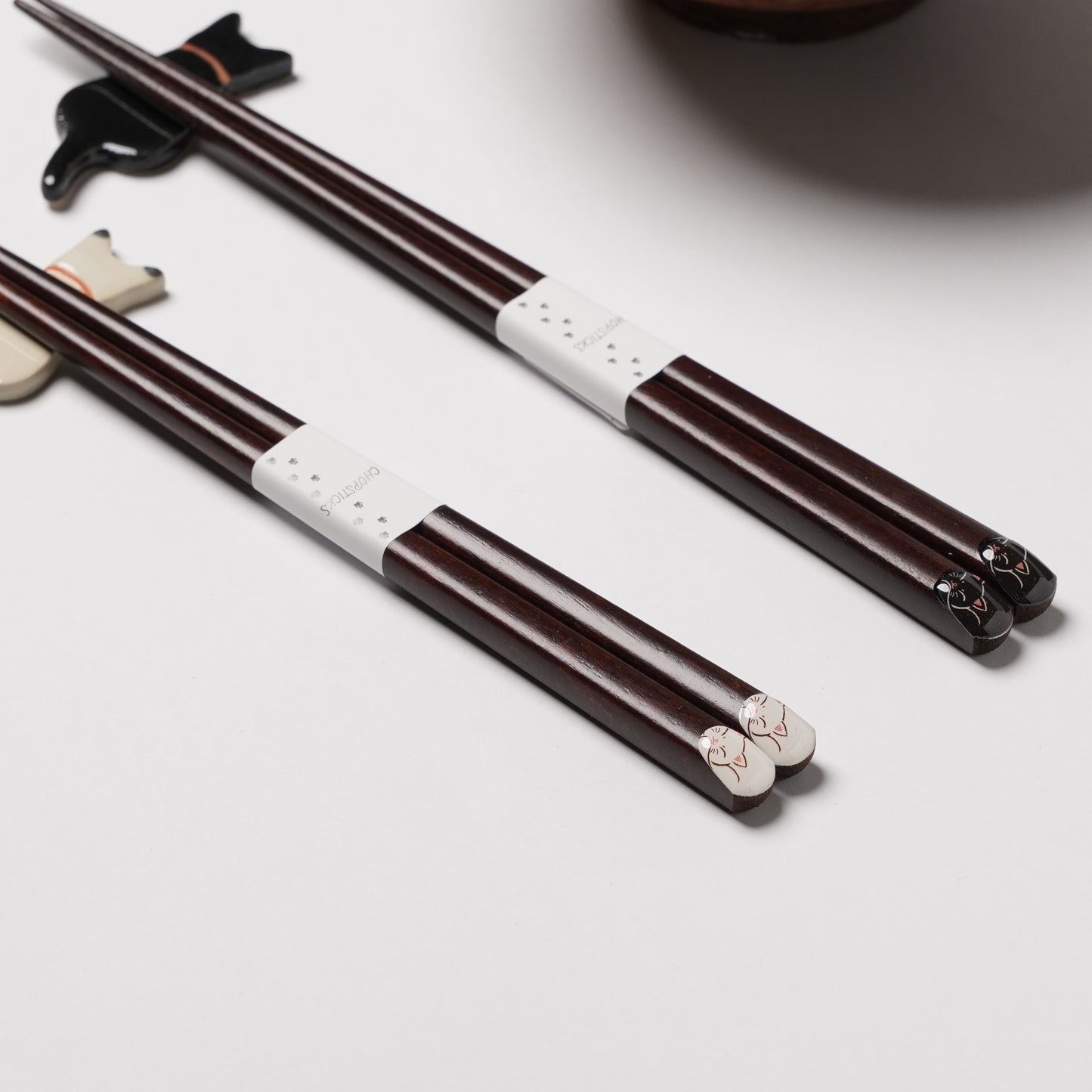 Japanese Cat Chopsticks Gift Set - Pair with Chopstick Rests Black and White
