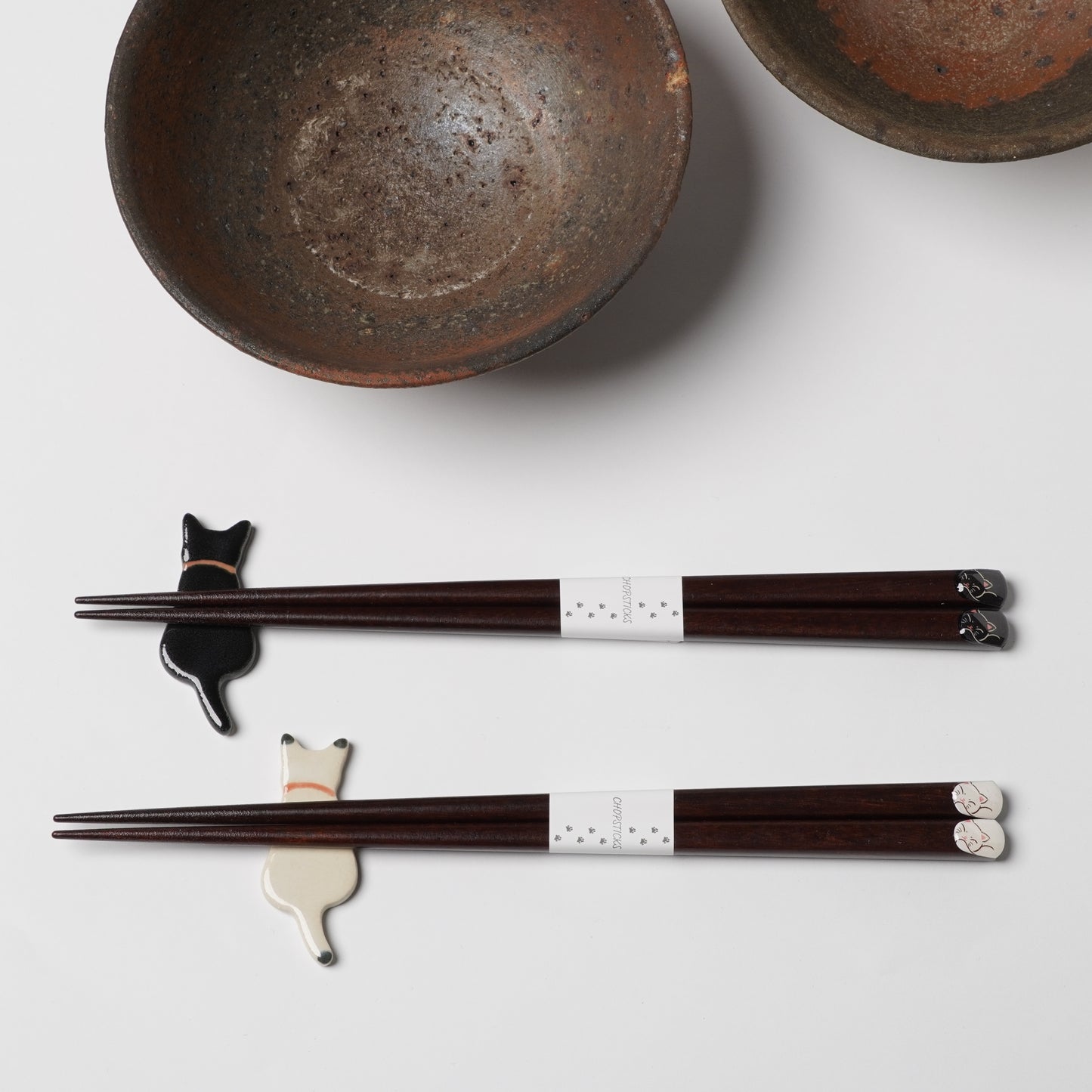 Japanese Cat Chopsticks Gift Set - Pair with Chopstick Rests Black and White