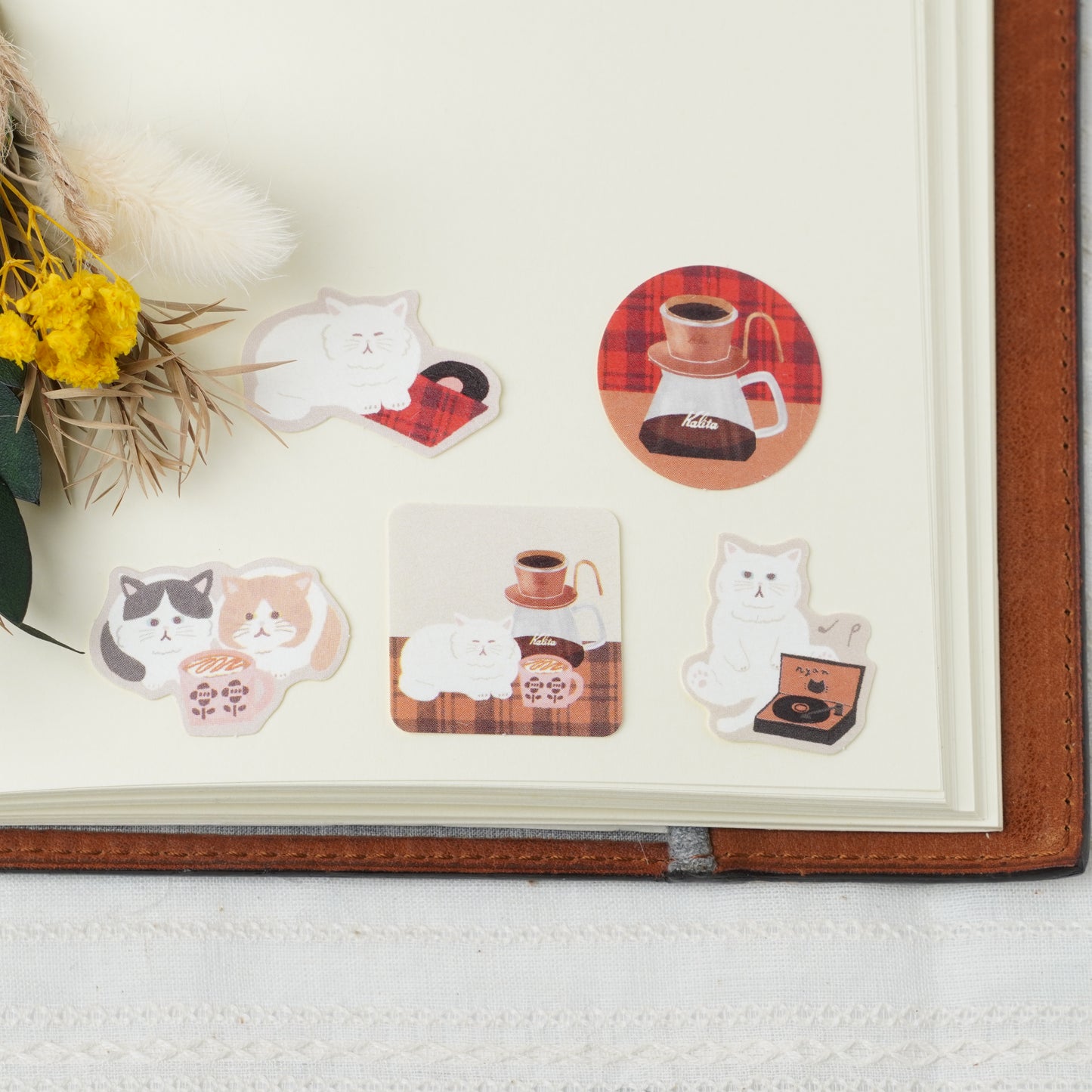 Kalita Collaboration Washi Stickers - Cats and Coffee Themed Stationery Set