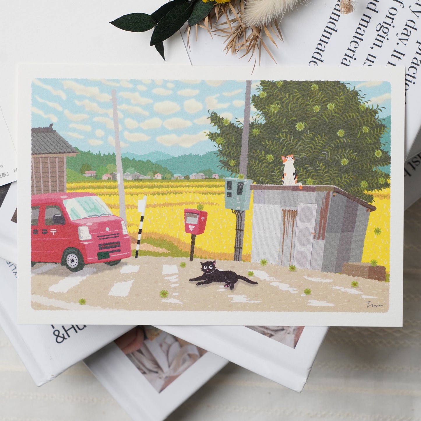 Autumn Tabineko Postcard - Japanese Cat Traveling Series Chestnut Tree and Mail Car