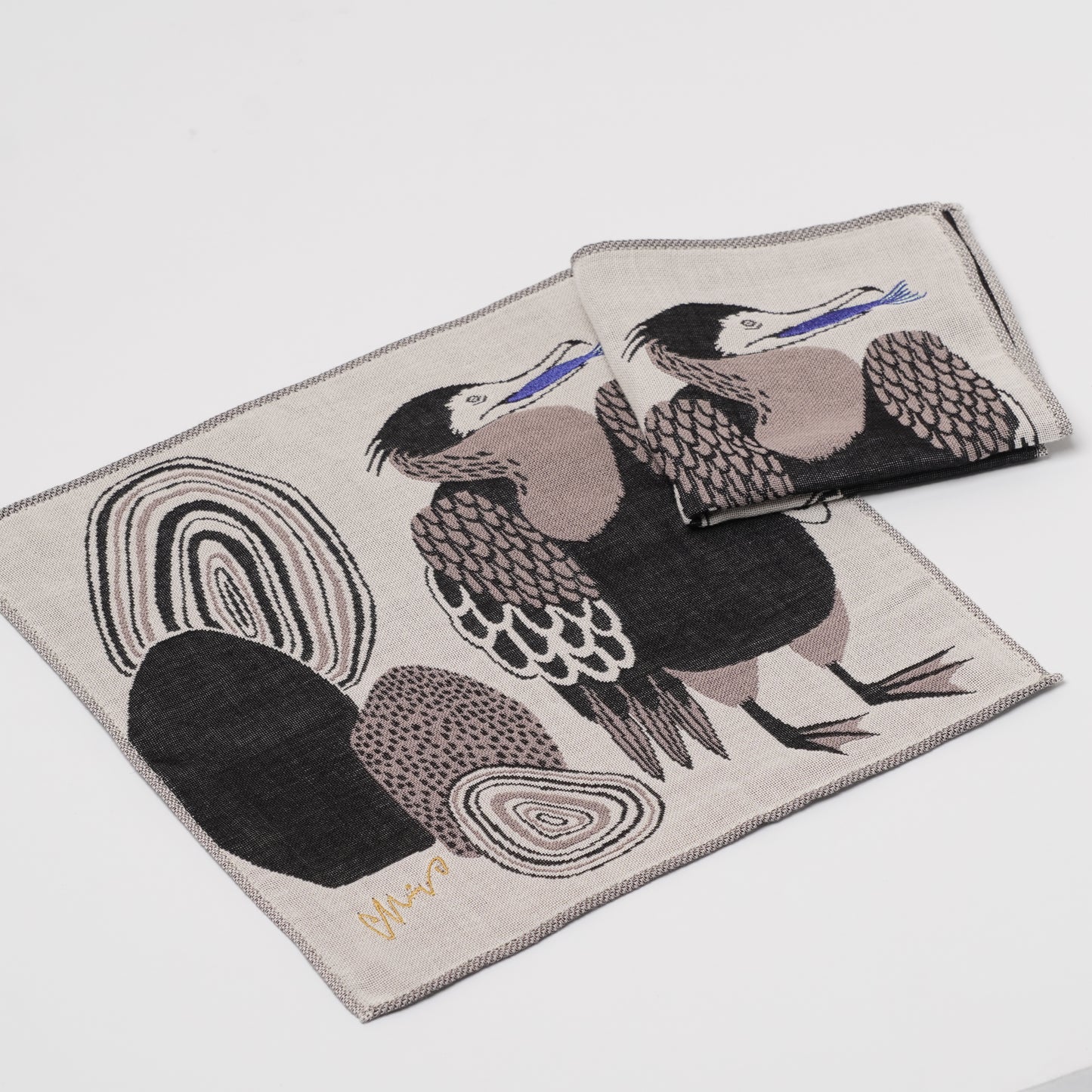 moritaMiW Gauze Handkerchief - 3-Ply Cotton, Embroidered Cormorant