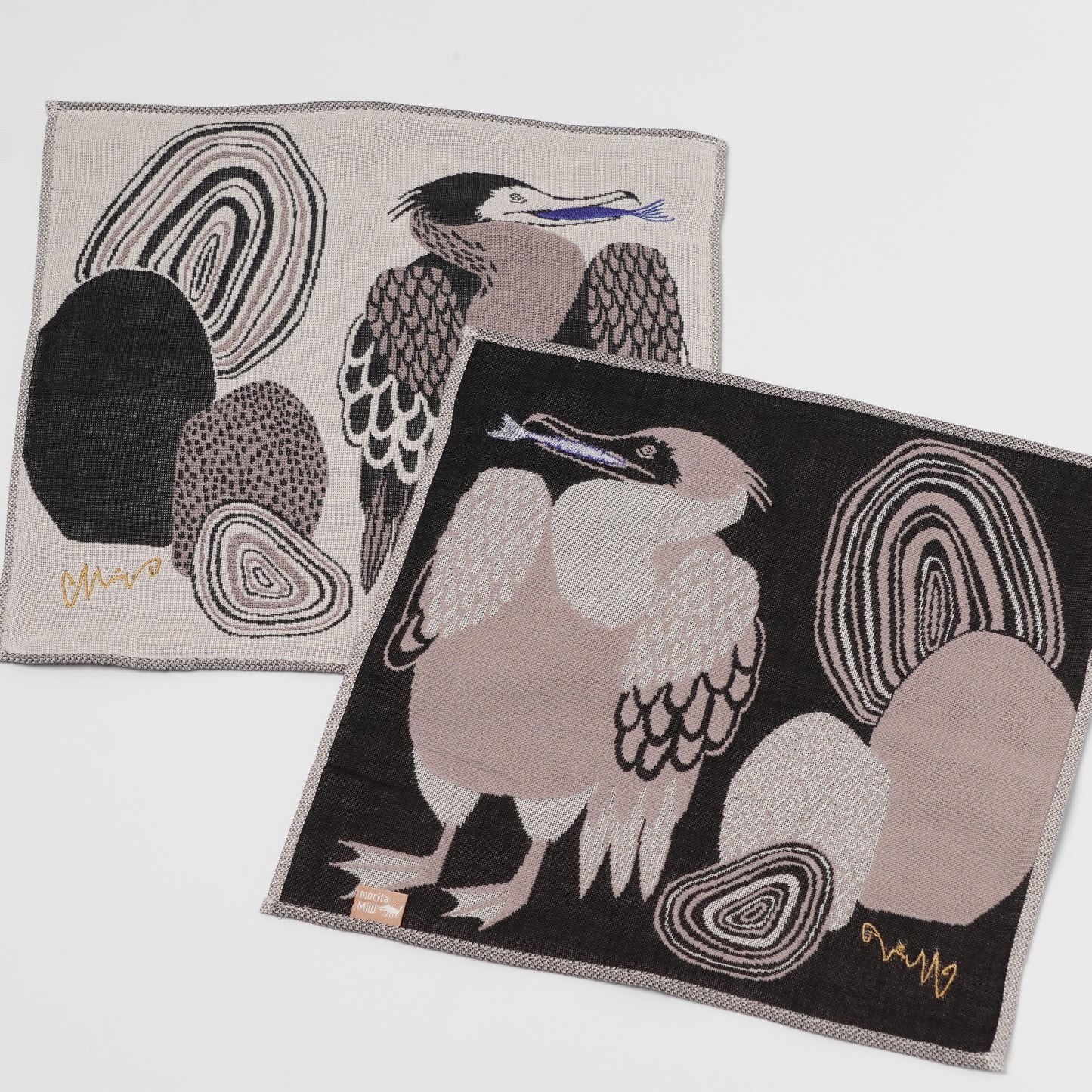 moritaMiW Gauze Handkerchief - 3-Ply Cotton, Embroidered Cormorant