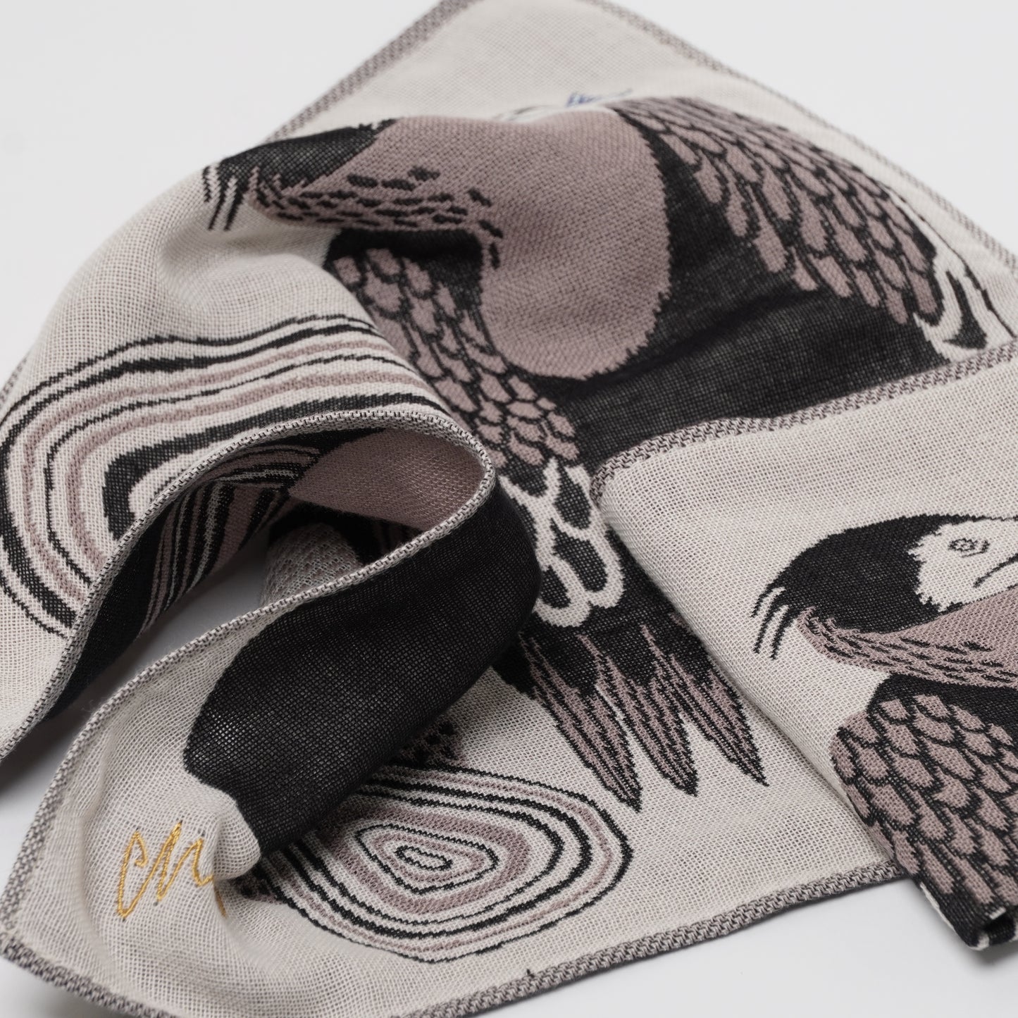 moritaMiW Gauze Handkerchief - 3-Ply Cotton, Embroidered Cormorant