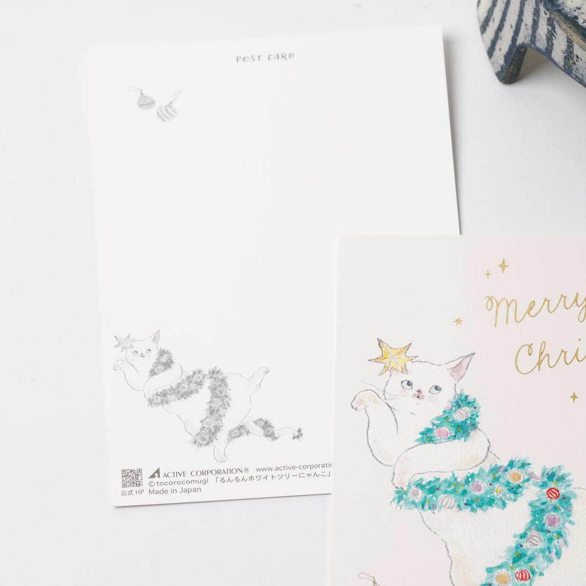 TOCOROCOMUGI White Christmas Tree Cats Postcard