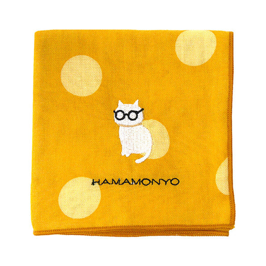 HAMAMONYO Reversible Gauze Handkerchief - Polka Dot & Glasses Cat