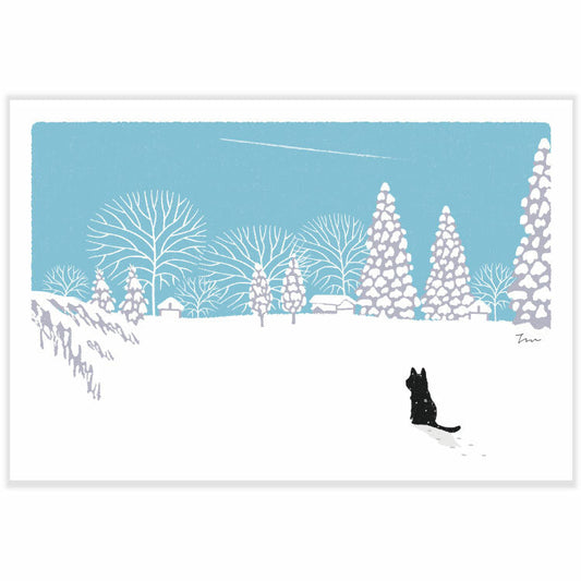 Winter Tabineko Postcard - Japanese Cat Traveling Series Contrail
