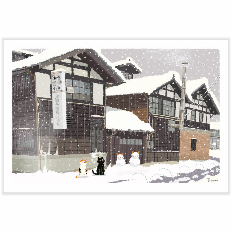 Winter Tabineko Postcard - Japanese Cat Traveling Series Sake Brewery