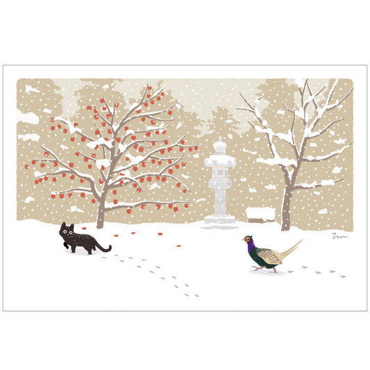 Winter Tabineko Postcard - Japanese Cat Traveling Series Chased by a Pheasant