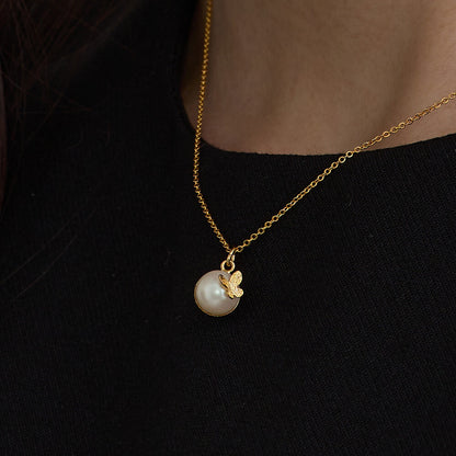 Butterfly Pearl Necklace - Nickel-Free K18 Gold Elegant Pendant