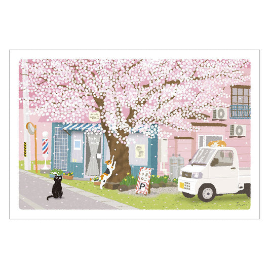 Spring Tabineko Postcard - Japanese Cat Traveling Series Barber Shop