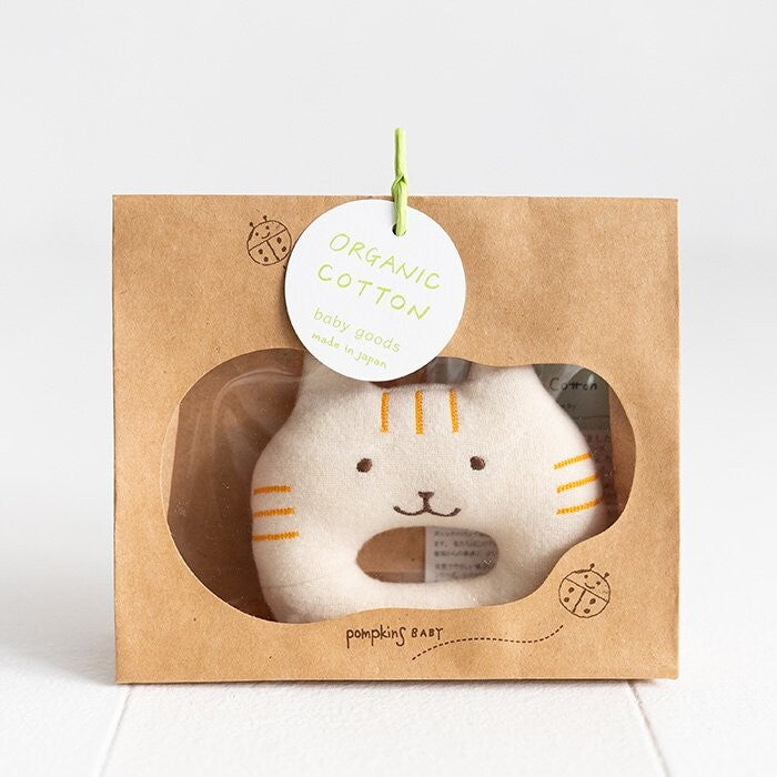 Organic Cotton Baby Rattle Gift - Cat Plush Toy in Gift Bag