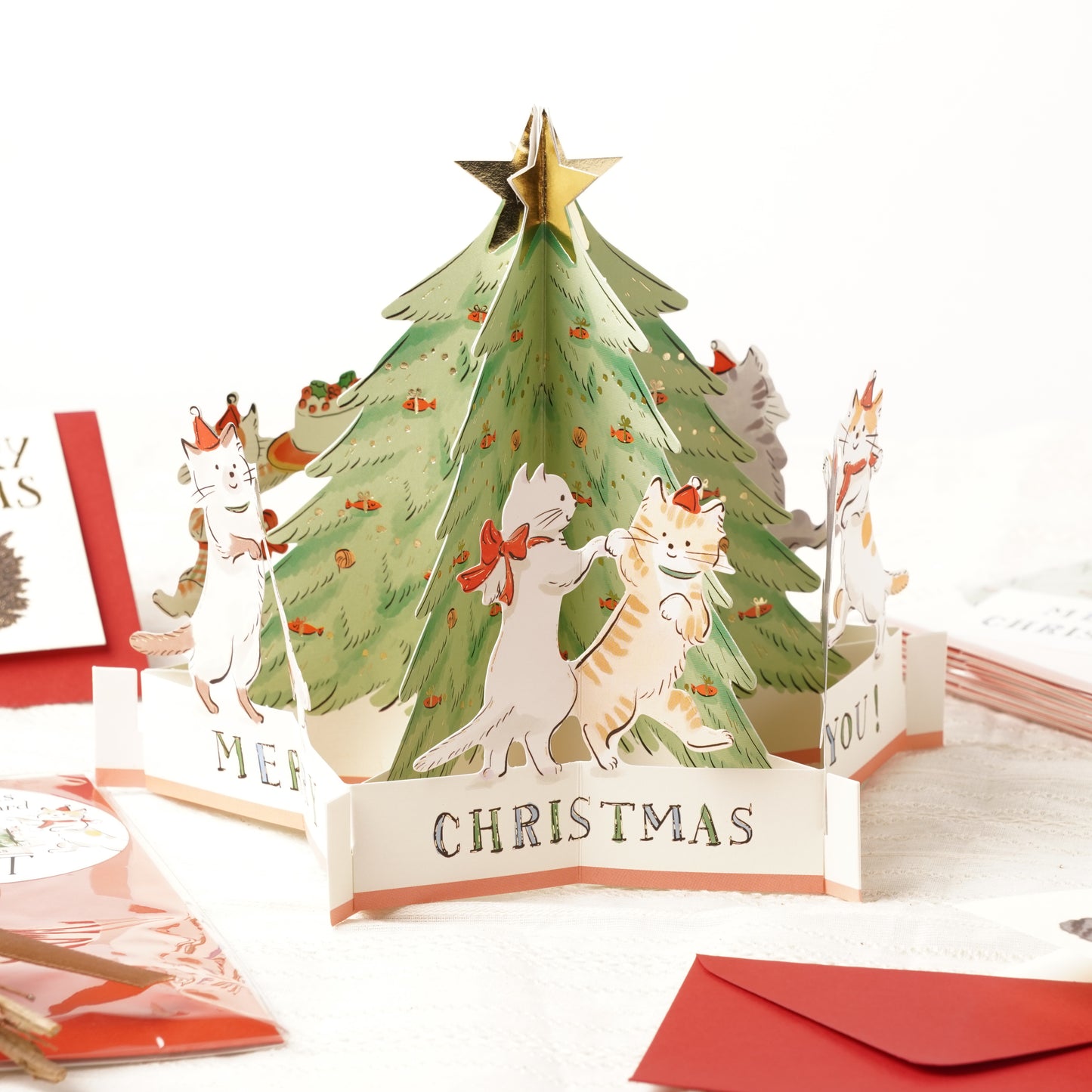 Japanese Christmas Pop-Up Card – Dancing Cats Around Christmas Tree, Kawaii Holiday Greeting Card