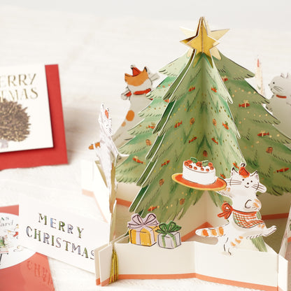 Japanese Christmas Pop-Up Card – Dancing Cats Around Christmas Tree, Kawaii Holiday Greeting Card