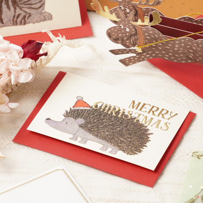 Japanese Mini Christmas Card – Cute Hedgehog with Santa Hat, Kawaii Holiday Greeting from Japan