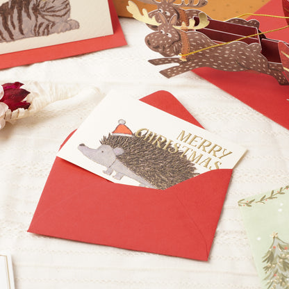 Japanese Mini Christmas Card – Cute Hedgehog with Santa Hat, Kawaii Holiday Greeting from Japan