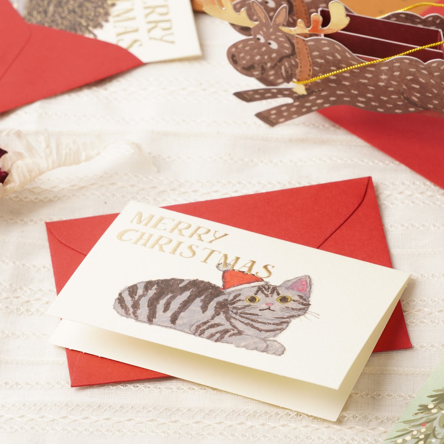 Japanese Mini Christmas Card – Cute Cat with Santa Hat, Kawaii Holiday Greeting from Japan