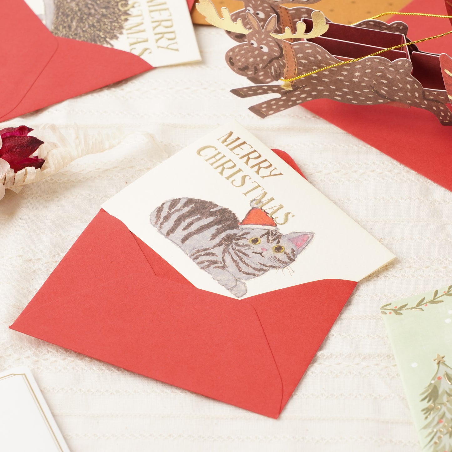 Japanese Mini Christmas Card – Cute Cat with Santa Hat, Kawaii Holiday Greeting from Japan