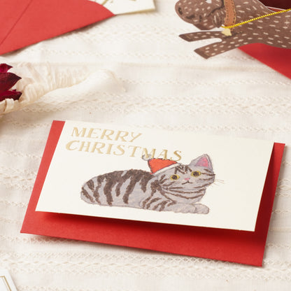 Japanese Mini Christmas Card – Cute Cat with Santa Hat, Kawaii Holiday Greeting from Japan