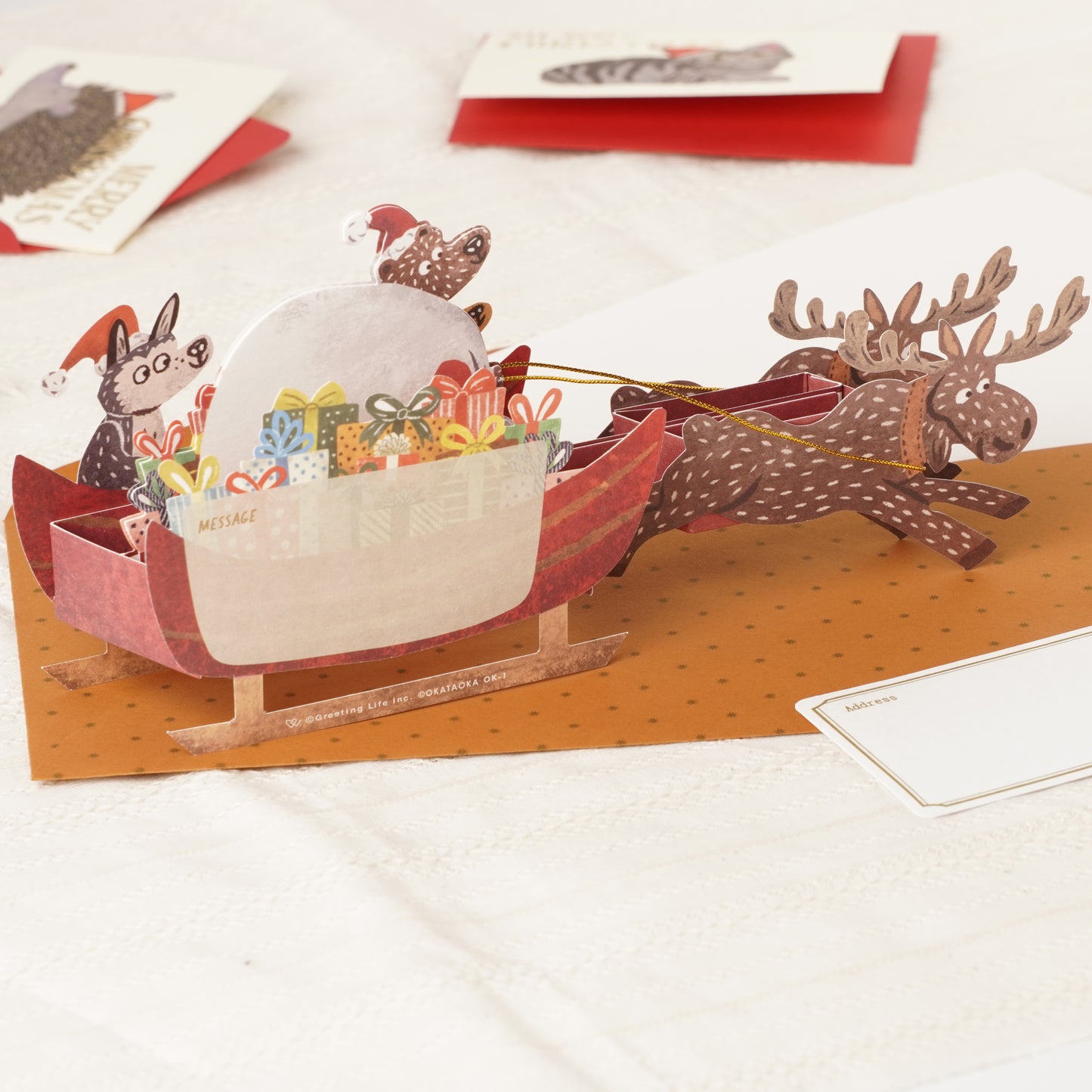 Japanese Christmas Pop-Up Card – Reindeer and Santa Scene, Festive Holiday Greeting Card