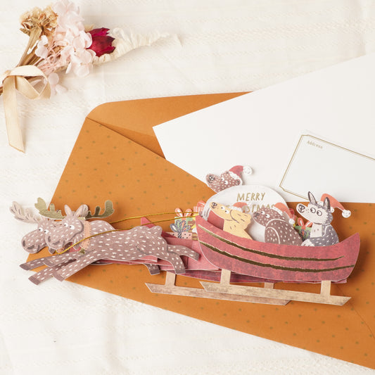 Japanese Christmas Pop-Up Card – Reindeer and Santa Scene, Festive Holiday Greeting Card