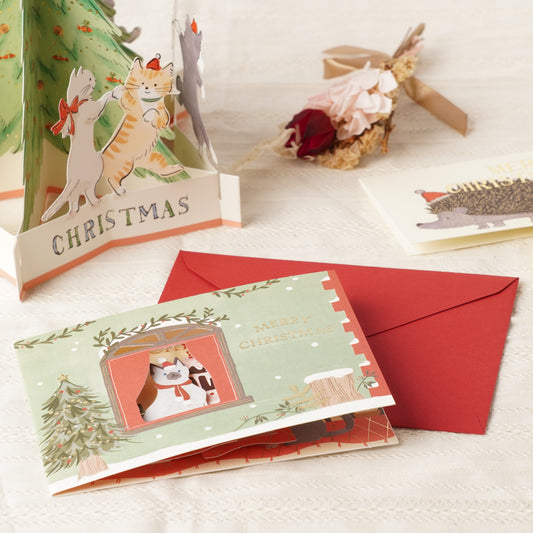 Japanese Christmas Pop-Up Card – Kawaii Holiday Greeting Card with Cute Cats and Cake Scene
