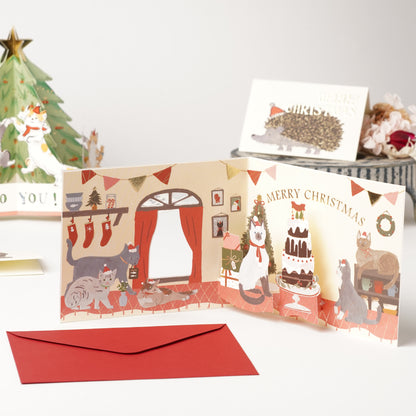 Japanese Christmas Pop-Up Card – Kawaii Holiday Greeting Card with Cute Cats and Cake Scene