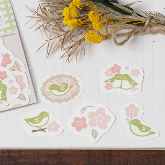 Washi Flake Sticker -Cherry Blossoms and Horornis Diphone