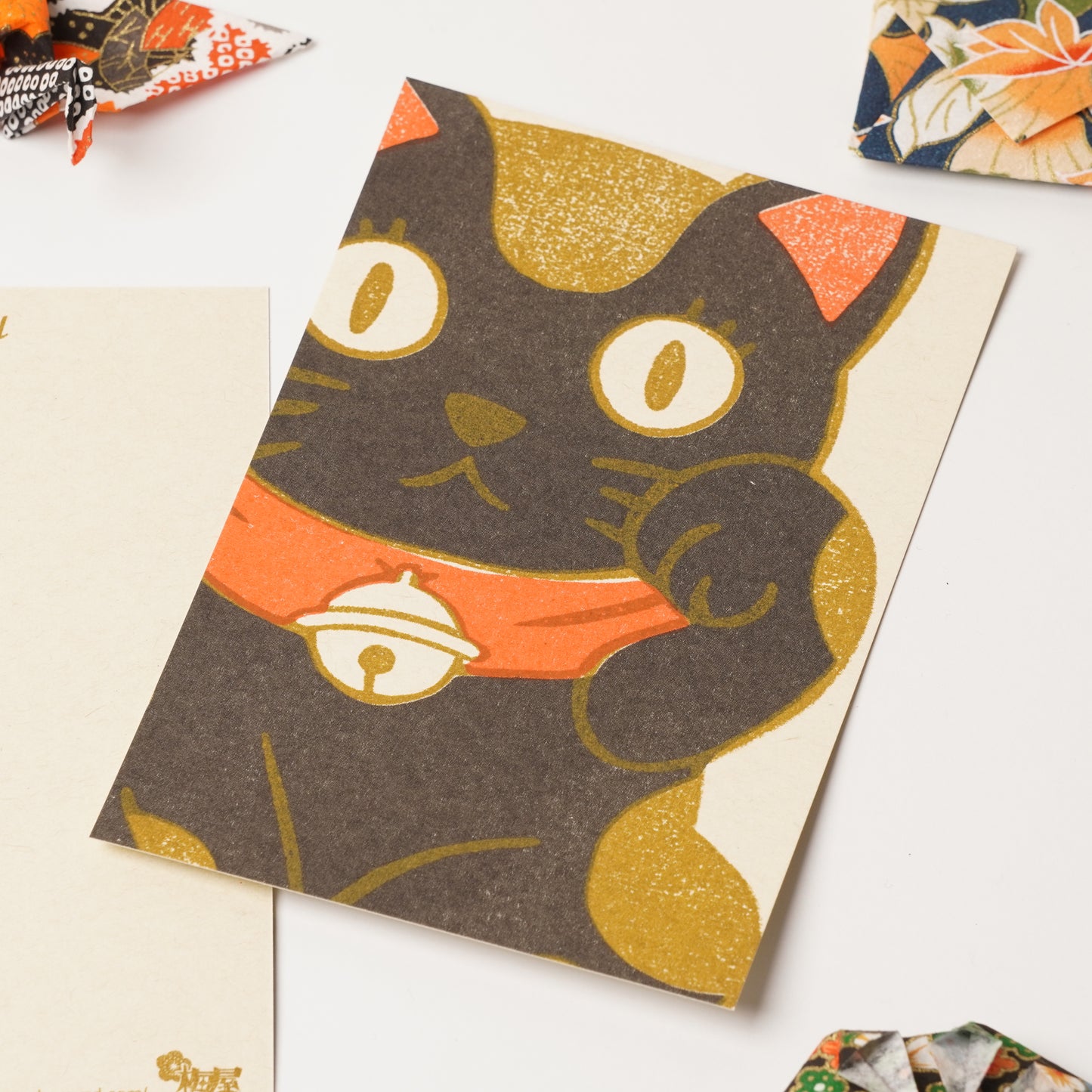Morikanae Umeya Rubber Stamp Print Postcard – Black Maneki-neko