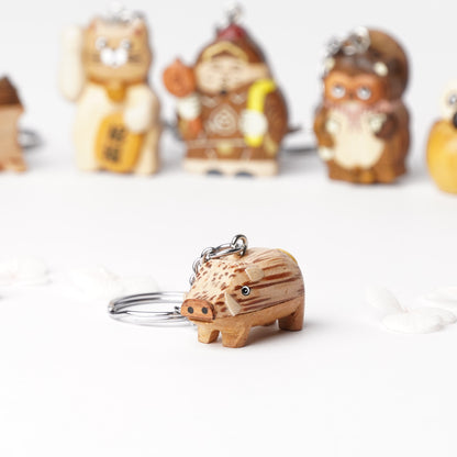 Handcrafted Wooden Wild Boar Piglet Key Ring – Japanese Lucky Charm for Health & Determination