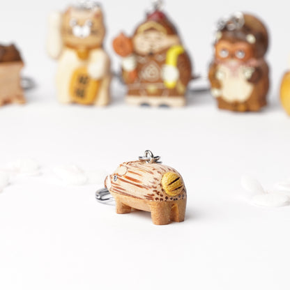 Handcrafted Wooden Wild Boar Piglet Key Ring – Japanese Lucky Charm for Health & Determination