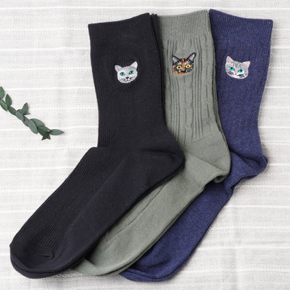 Cute Cat Socks L Khaki – Sabi Neko Embroidery