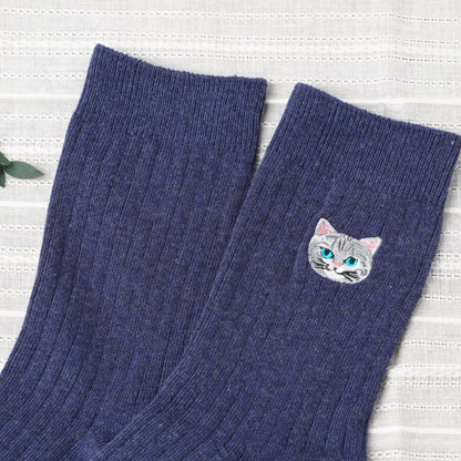 Cute Cat Socks L Navy – American Shorthair Embroidery