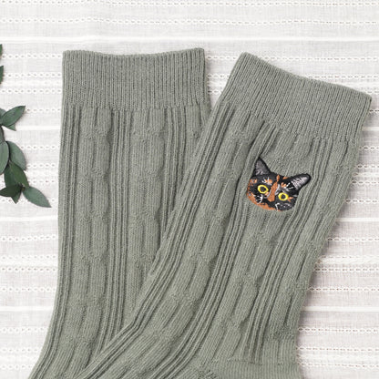 Cute Cat Socks L Khaki – Sabi Neko Embroidery