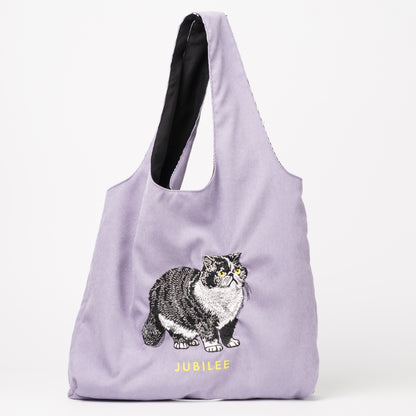 Cat embroidery tote bag corduroy bag H.Lavender