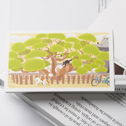 Spring Tabineko Postcard - Round Tree