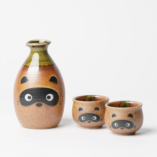 Tanuki Glaze Sake Set - Mino Ware Tokkuri and Cups