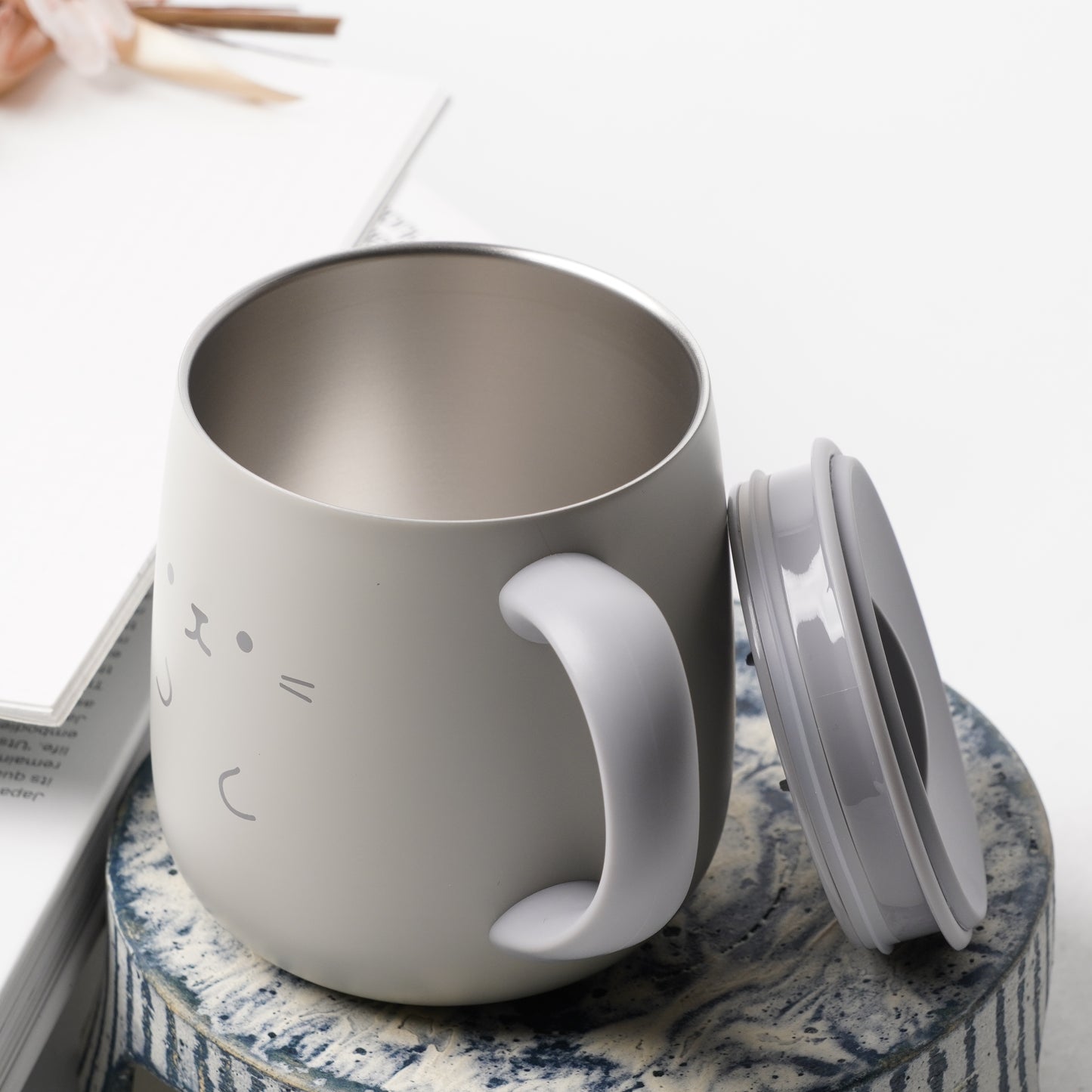 Lidded Stainless Steel Insulated Mug with Handle - Cat