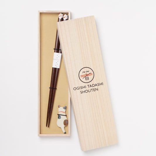Hidamari Neko Cat Chopsticks Gift Set - With Ceramic Chopstick Rests WAKASA Lacquerware