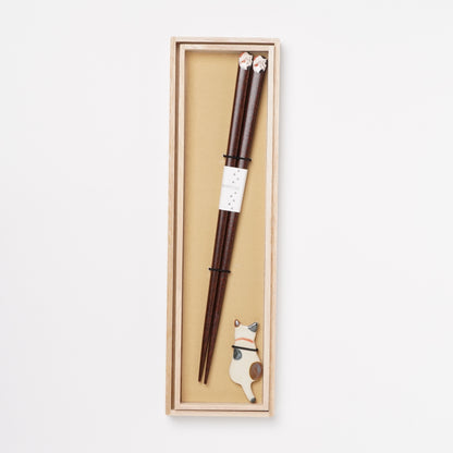 Hidamari Neko Cat Chopsticks Gift Set - With Ceramic Chopstick Rests WAKASA Lacquerware