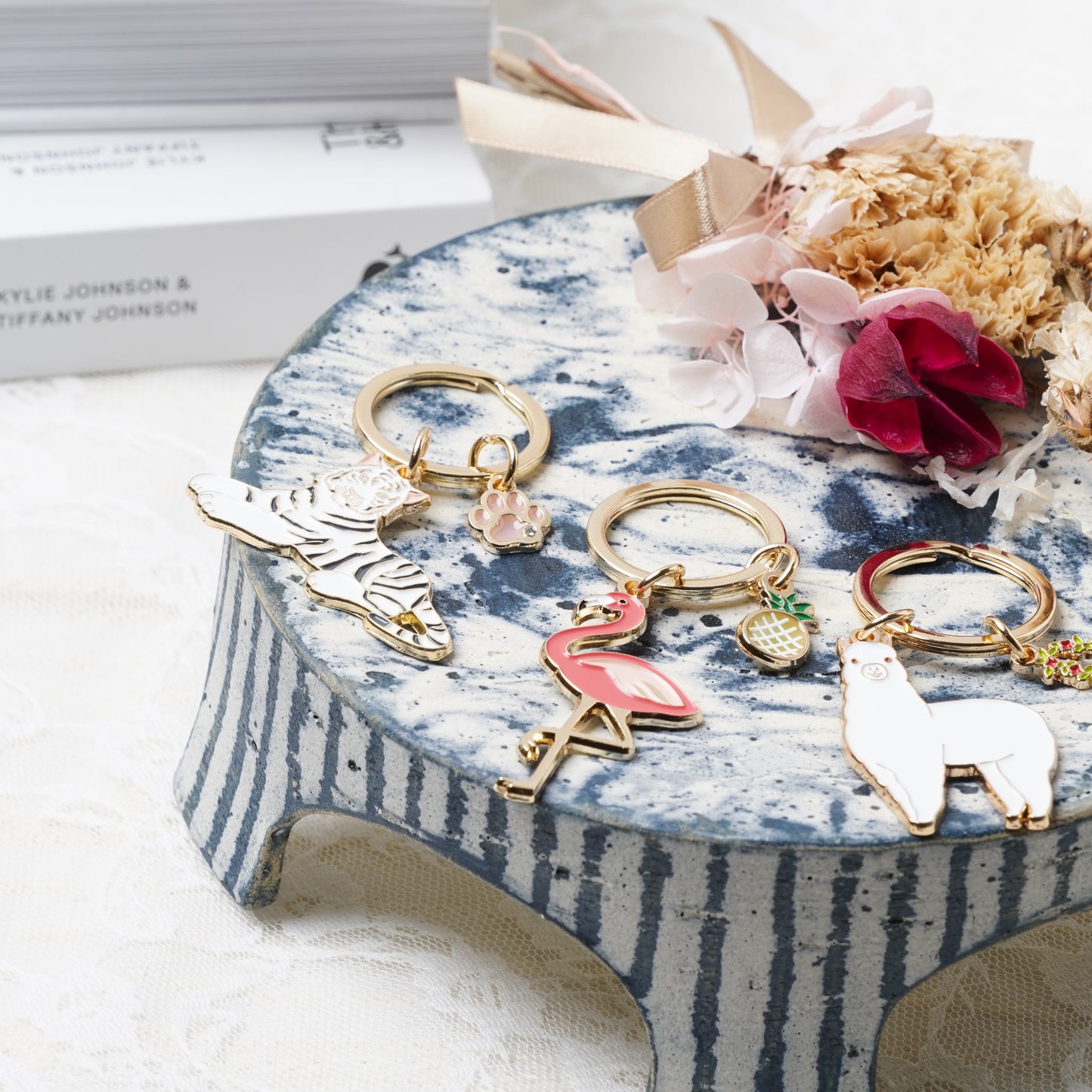 Animal Key Ring with Mini Charm Flamingo